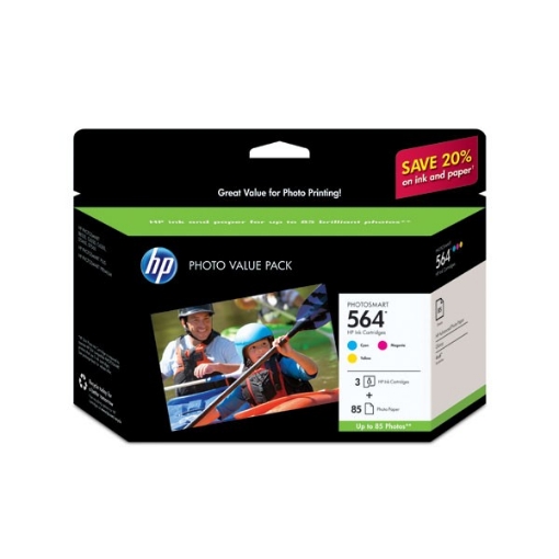 Picture of HP CG925AN OEM Cyan, Yellow, Magenta Ink Cartridges w/ photo sheets (Photo Value Pack, 3pk w/ 85 advanced photo sheets)