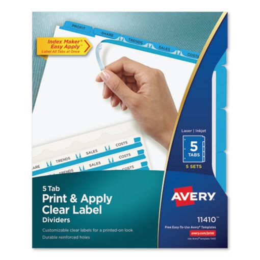 Picture of print and apply index maker clear label dividers, 5-tab, color tabs, 11 x 8.5, white, blue tabs, 5 sets