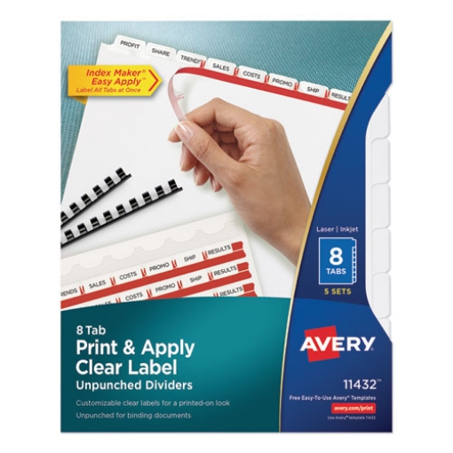 Picture of Print and Apply Index Maker Clear Label Unpunched Dividers, 8-Tab, 11 x 8.5, White, 5 Sets