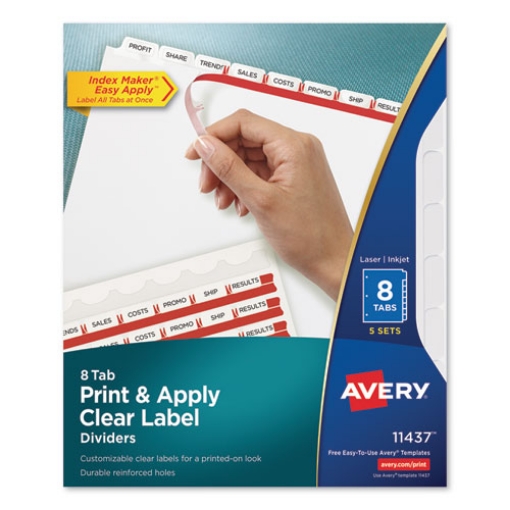 Picture of Print and Apply Index Maker Clear Label Dividers, 8-Tab, 11 x 8.5, White, 5 Sets