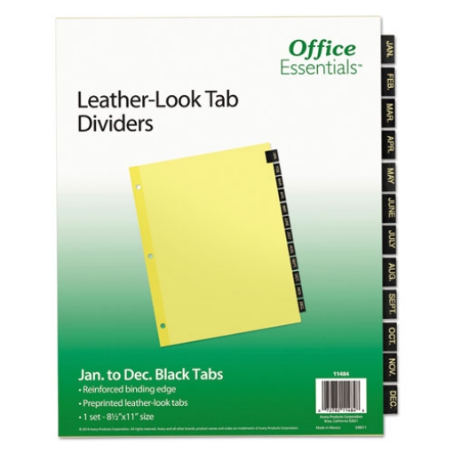 Picture of preprinted black leather tab dividers, 12-tab, jan. to dec., 11 x 8.5, buff, 1 set