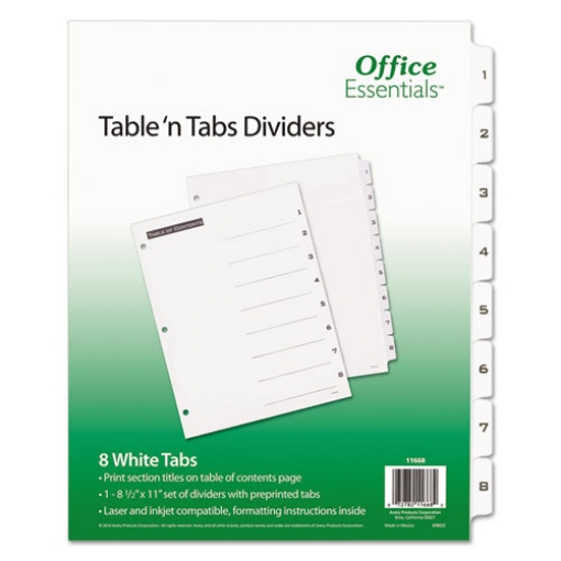 Picture of Table 'n Tabs Dividers, 8-Tab, 1 to 8, 11 x 8.5, White, White Tabs, 1 Set