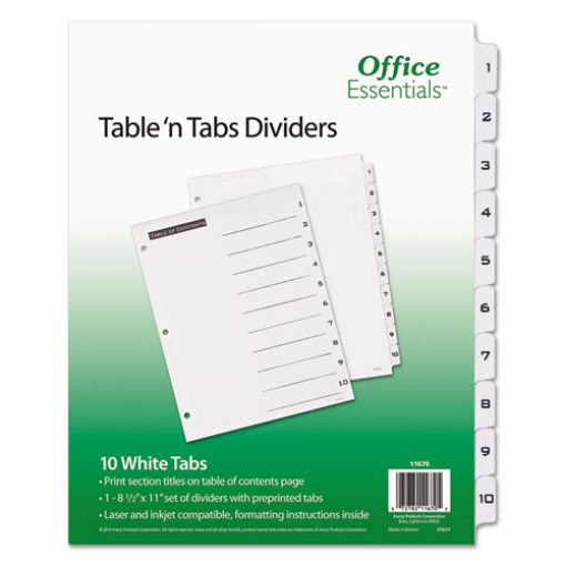 Picture of Table 'n Tabs Dividers, 10-Tab, 1 to 10, 11 x 8.5, White, White Tabs, 1 Set