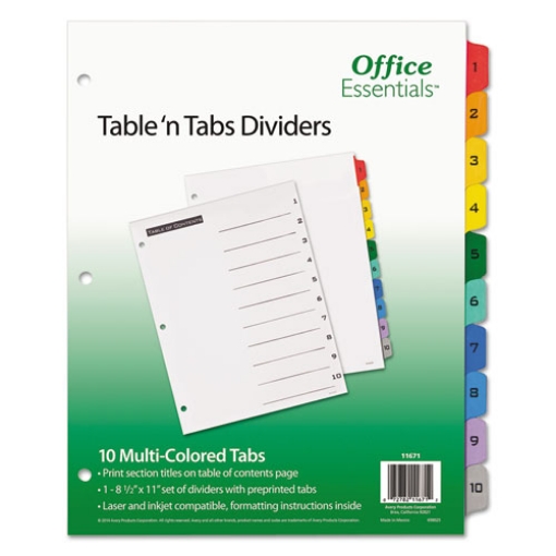 Picture of Table 'n Tabs Dividers, 10-Tab, 1 to 10, 11 x 8.5, White, Assorted Tabs, 1 Set