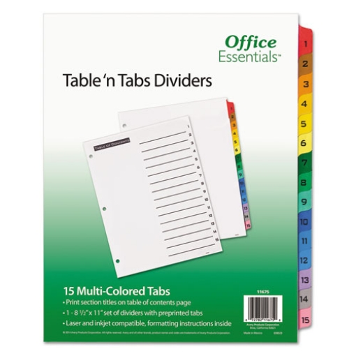 Picture of Table 'n Tabs Dividers, 15-Tab, 1 to 15, 11 x 8.5, White, Assorted Tabs, 1 Set