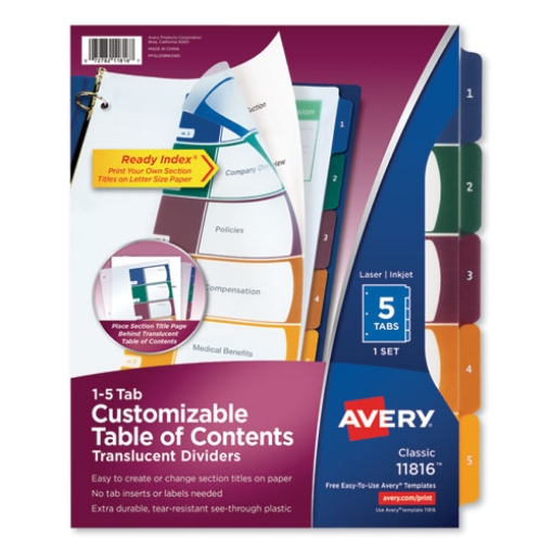 Picture of Customizable Table Of Contents Ready Index Dividers With Multicolor Tabs, 5-Tab, 1 To 5, 11 X 8.5, Translucent, 1 Set