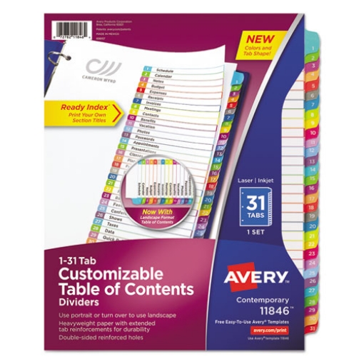 Picture of Customizable TOC Ready Index Multicolor Tab Dividers, 31-Tab, 1 to 31, 11 x 8.5, White, Contemporary Color Tabs, 1 Set