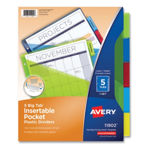 Picture of Insertable Big Tab Plastic 1-Pocket Dividers, 5-Tab, 11.13 X 9.25, Assorted, 1 Set