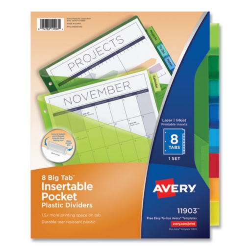 Picture of Insertable Big Tab Plastic 1-Pocket Dividers, 8-Tab, 11.13 X 9.25, Assorted, 1 Set