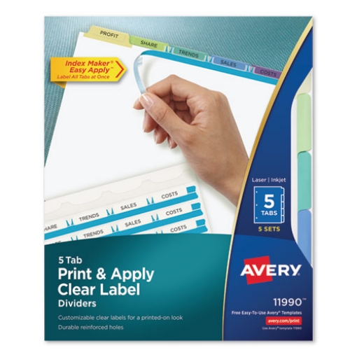 Picture of print and apply index maker clear label dividers, 5-tab, color tabs, 11 x 8.5, white, contemporary color tabs, 5 sets