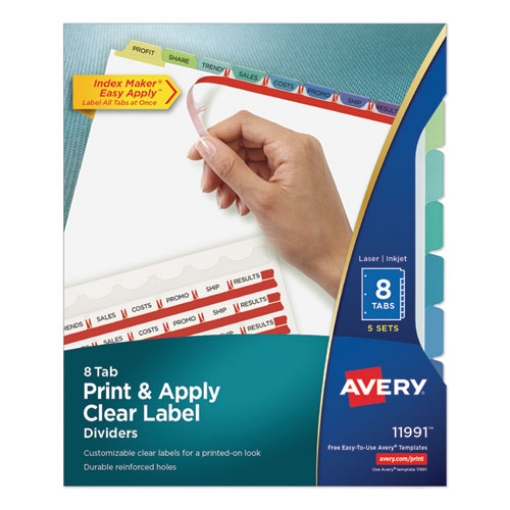 Picture of print and apply index maker clear label dividers, 8-tab, color tabs, 11 x 8.5, white, contemporary color tabs, 5 sets