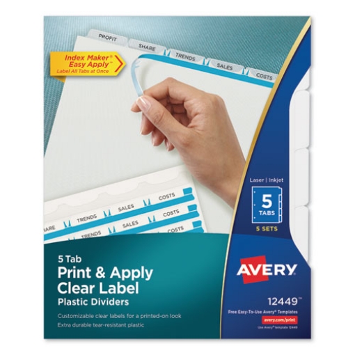 Picture of Print and Apply Index Maker Clear Label Plastic Dividers w/Printable Label Strip, 5-Tab, 11 x 8.5, Frosted Clear Tabs, 5 Sets