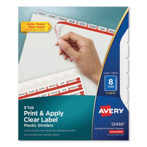 Picture of Print and Apply Index Maker Clear Label Plastic Dividers w/Printable Label Strip, 8-Tab, 11 x 8.5, Frosted Clear Tabs, 5 Sets