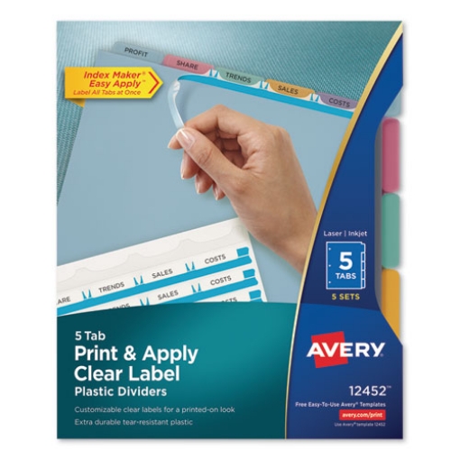 Picture of Print and Apply Index Maker Clear Label Plastic Dividers with Printable Label Strip, 5-Tab, 11 x 8.5, Assorted Tabs, 5 Sets