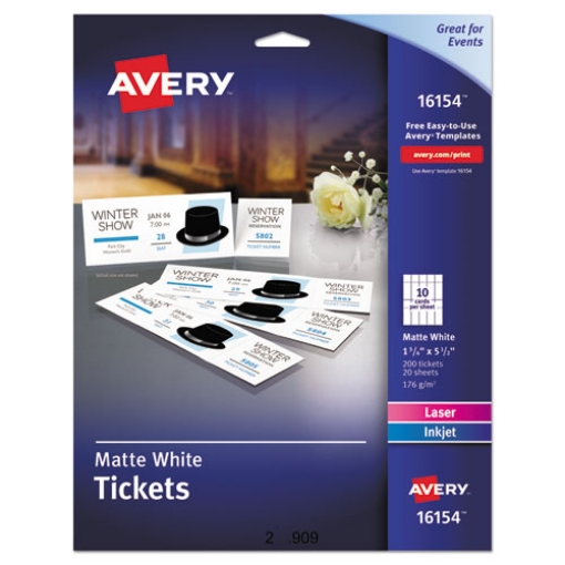 Picture of Printable Tickets w/Tear-Away Stubs, 97 Bright, 65 lb Cover Weight, 8.5 x 11, White, 10 Tickets/Sheet, 20 Sheets/Pack