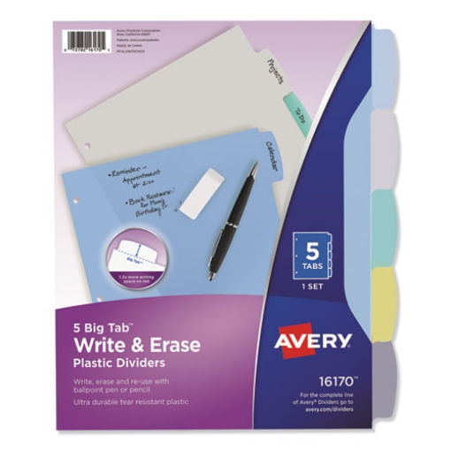 Picture of Write and Erase Big Tab Durable Plastic Dividers, 3-Hole Punched, 5-Tab, 11 x 8.5, Assorted, 1 Set