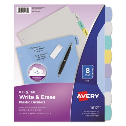 Picture of Write and Erase Big Tab Durable Plastic Dividers, 3-Hole Punched, 8-Tab, 11 x 8.5, Assorted, 1 Set