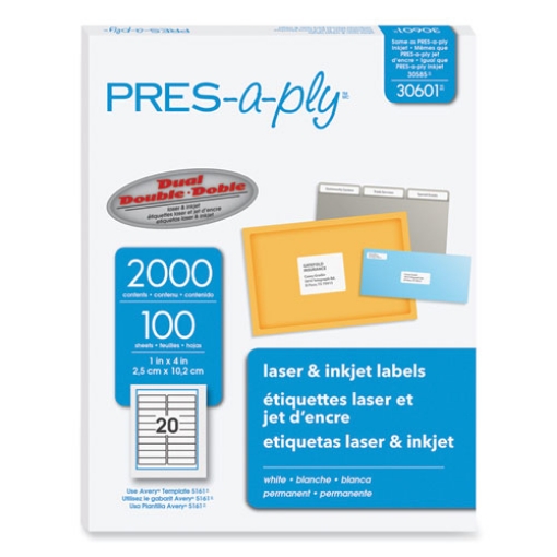 Picture of Labels, Laser Printers, 1 X 4, White, 20/sheet, 100 Sheets/box