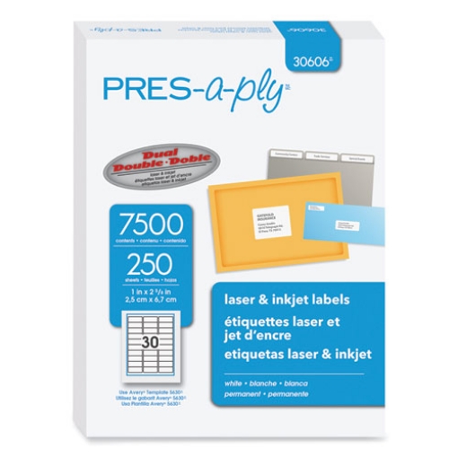 Picture of Labels, Laser Printers, 1 X 2.63, White, 30/sheet, 250 Sheets/box