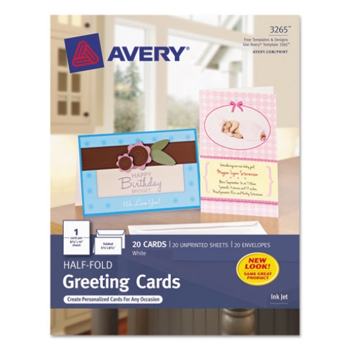 Picture of Half-Fold Greeting Cards with Matching Envelopes, Inkjet, 85 lb, 5.5 x 8.5, Matte White, 1 Card/Sheet, 20 Sheets/Box