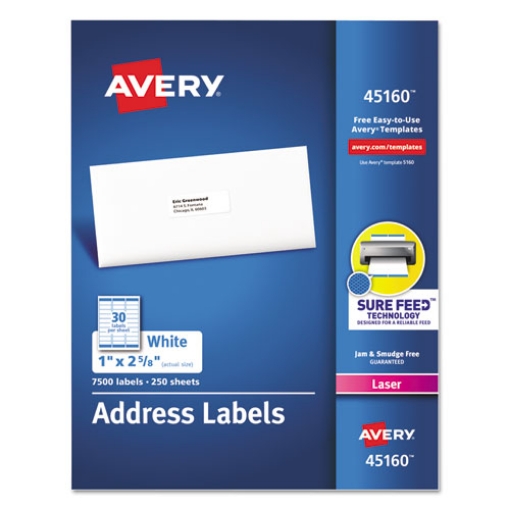 Picture of White Address Labels W/ Sure Feed Technology For Laser Printers, Laser Printers, 1 X 2.63, White, 30/sheet, 250 Sheets/box