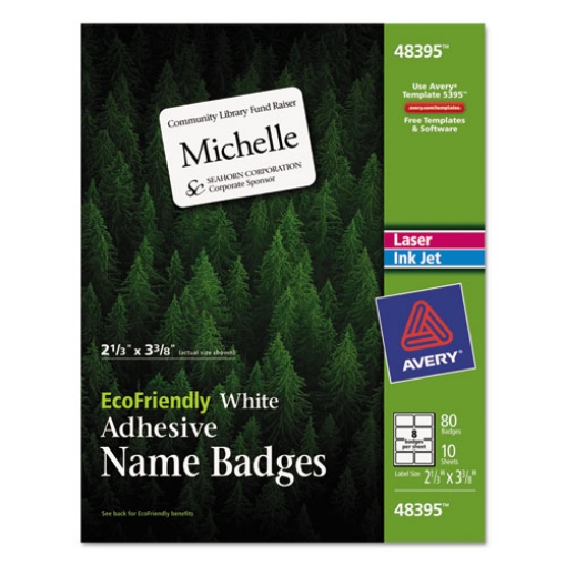 Picture of Ecofriendly Adhesive Name Badge Labels, 3.38 X 2.33, White, 80/pack