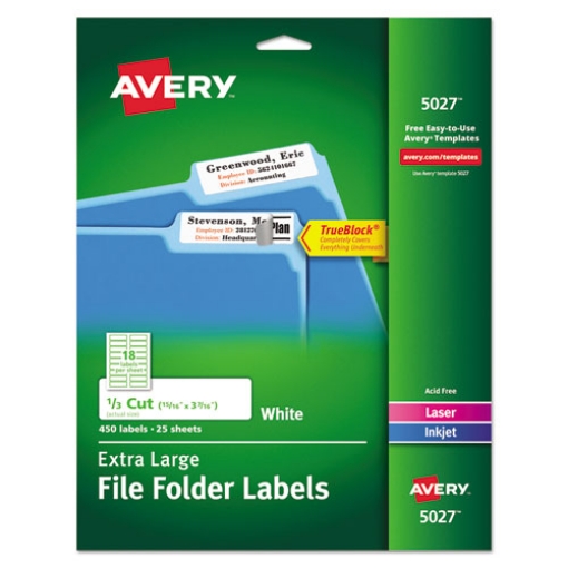 Picture of Extra-Large Trueblock File Folder Labels With Sure Feed Technology, 0.94 X 3.44, White, 18/sheet, 25 Sheets/pack