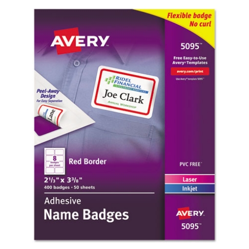 Picture of Flexible Adhesive Name Badge Labels, 3.38 X 2.33, White/red Border, 400/box