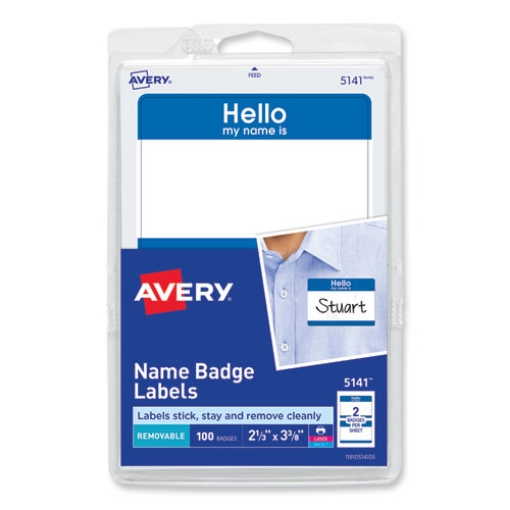 Picture of Printable Adhesive Name Badges, 3.38 X 2.33, Blue "hello", 100/pack