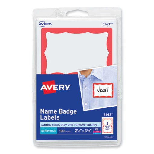 Picture of Printable Adhesive Name Badges, 3.38 X 2.33, Red Border, 100/pack