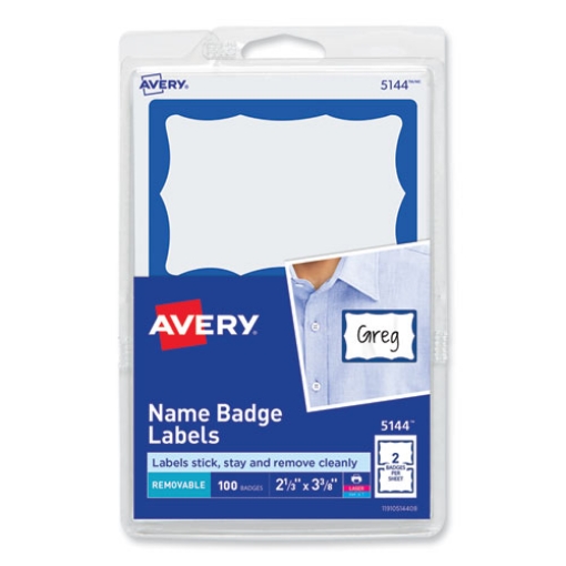 Picture of Printable Adhesive Name Badges, 3.38 X 2.33, Blue Border, 100/pack