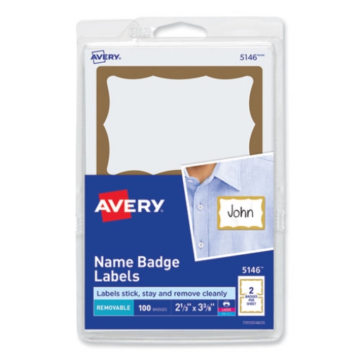 Picture of Printable Adhesive Name Badges, 3.38 X 2.33, Gold Border, 100/pack