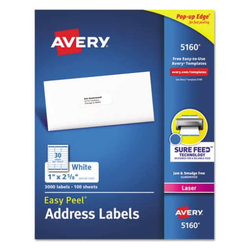 Picture of Easy Peel White Address Labels W/ Sure Feed Technology, Laser Printers, 1 X 2.63, White, 30/sheet, 100 Sheets/box