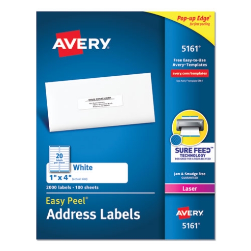 Picture of Easy Peel White Address Labels W/ Sure Feed Technology, Laser Printers, 1 X 4, White, 20/sheet, 100 Sheets/box