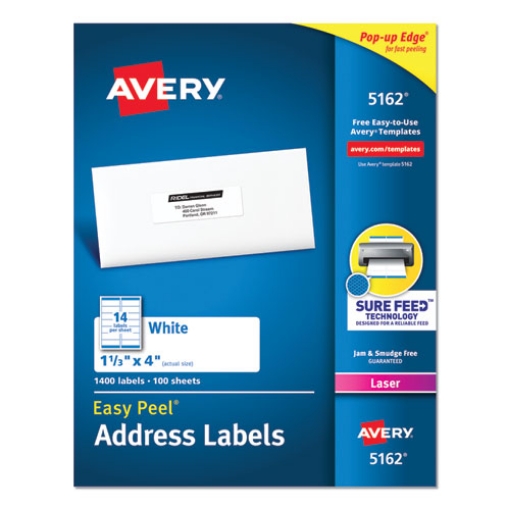 Picture of Easy Peel White Address Labels W/ Sure Feed Technology, Laser Printers, 1.33 X 4, White, 14/sheet, 100 Sheets/box