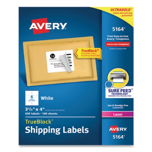 Picture of Shipping Labels W/ Trueblock Technology, Laser Printers, 3.33 X 4, White, 6/sheet, 100 Sheets/box