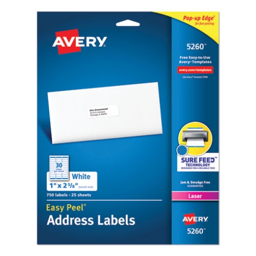 Picture of Easy Peel White Address Labels W/ Sure Feed Technology, Laser Printers, 1 X 2.63, White, 30/sheet, 25 Sheets/pack