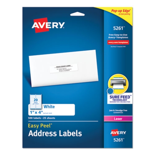 Picture of Easy Peel White Address Labels W/ Sure Feed Technology, Laser Printers, 1 X 4, White, 20/sheet, 25 Sheets/pack