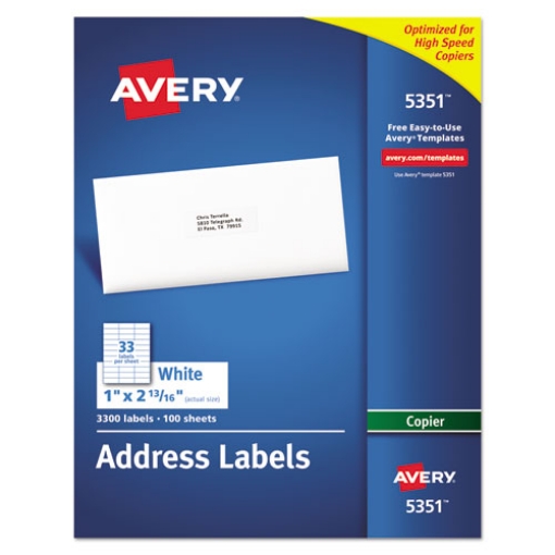 Picture of Copier Mailing Labels, Copiers, 1 X 2.81, White, 33/sheet, 100 Sheets/box