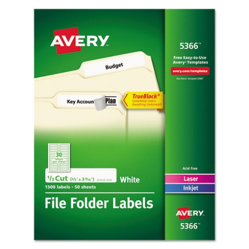 Picture of Permanent Trueblock File Folder Labels With Sure Feed Technology, 0.66 X 3.44, White, 30/sheet, 50 Sheets/box