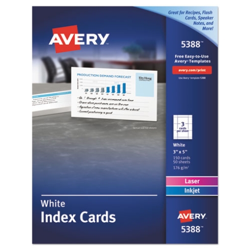 Picture of Printable Index Cards With Sure Feed, Unruled, Inkjet/laser, 3 X 5, White, 150 Cards, 3 Cards/sheet, 50 Sheets/box