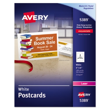 Picture of Printable Postcards, Laser, 80 Lb, 4 X 6, Uncoated White, 100 Cards, 2/cards/sheet, 50 Sheets/box