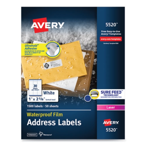 Picture of Waterproof Address Labels With Trueblock And Sure Feed, Laser Printers, 1 X 2.63, White, 30/sheet, 50 Sheets/pack