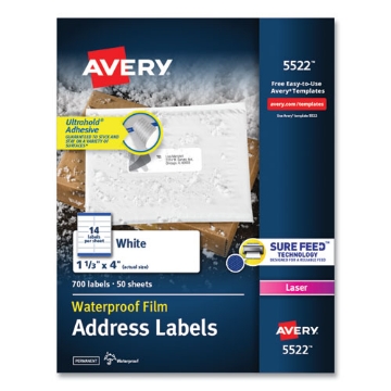 Picture of Waterproof Address Labels With Trueblock And Sure Feed, Laser Printers, 1.33 X 4, White, 14/sheet, 50 Sheets/pack