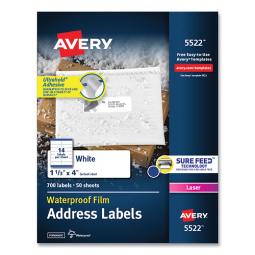 Picture of Waterproof Address Labels With Trueblock And Sure Feed, Laser Printers, 1.33 X 4, White, 14/sheet, 50 Sheets/pack