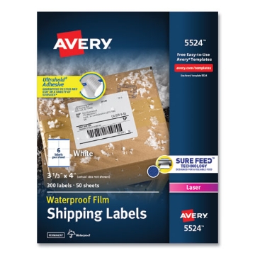Picture of Waterproof Shipping Labels With Trueblock And Sure Feed, Laser Printers, 3.33 X 4, White, 6/sheet, 50 Sheets/pack