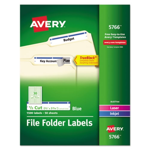 Picture of Permanent TrueBlock File Folder Labels with Sure Feed Technology, 0.66 x 3.44, Blue/White, 30/Sheet, 50 Sheets/Box