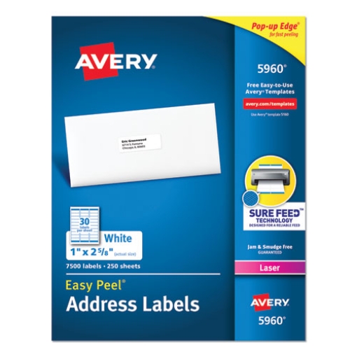 Picture of Easy Peel White Address Labels W/ Sure Feed Technology, Laser Printers, 1 X 2.63, White, 30/sheet, 250 Sheets/pack