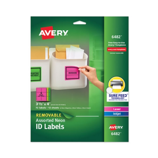 Picture of High-Vis Removable Laser/Inkjet ID Labels w/ Sure Feed, 3.33 x 4, Neon, 72/PK