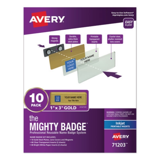 Picture of The Mighty Badge Name Badge Holder Kit, Horizontal, 3 X 1, Inkjet, Gold, 10 Holders/ 80 Inserts